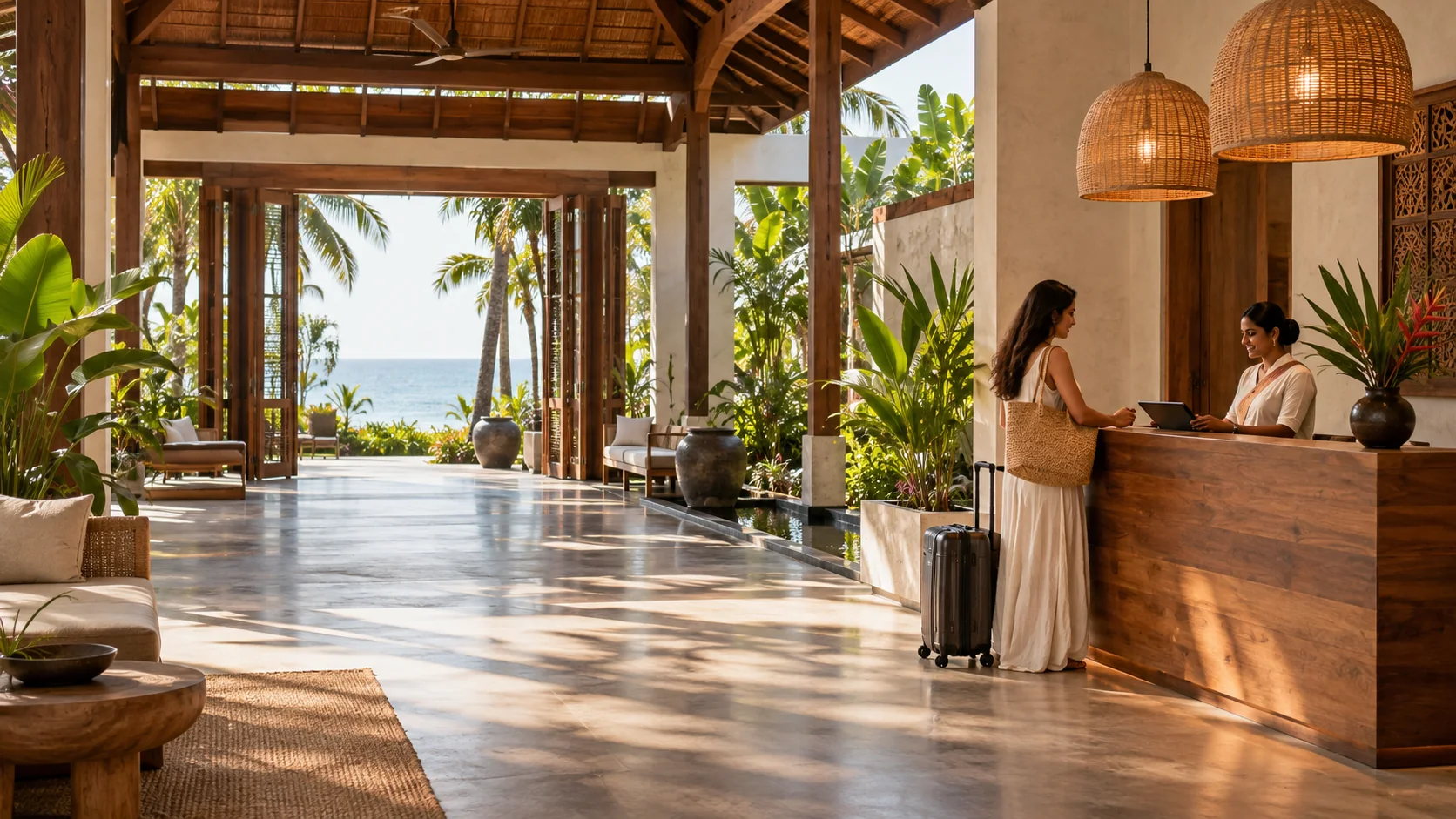 A calm, sunlit coastal hotel lobby opening onto a tropical garden